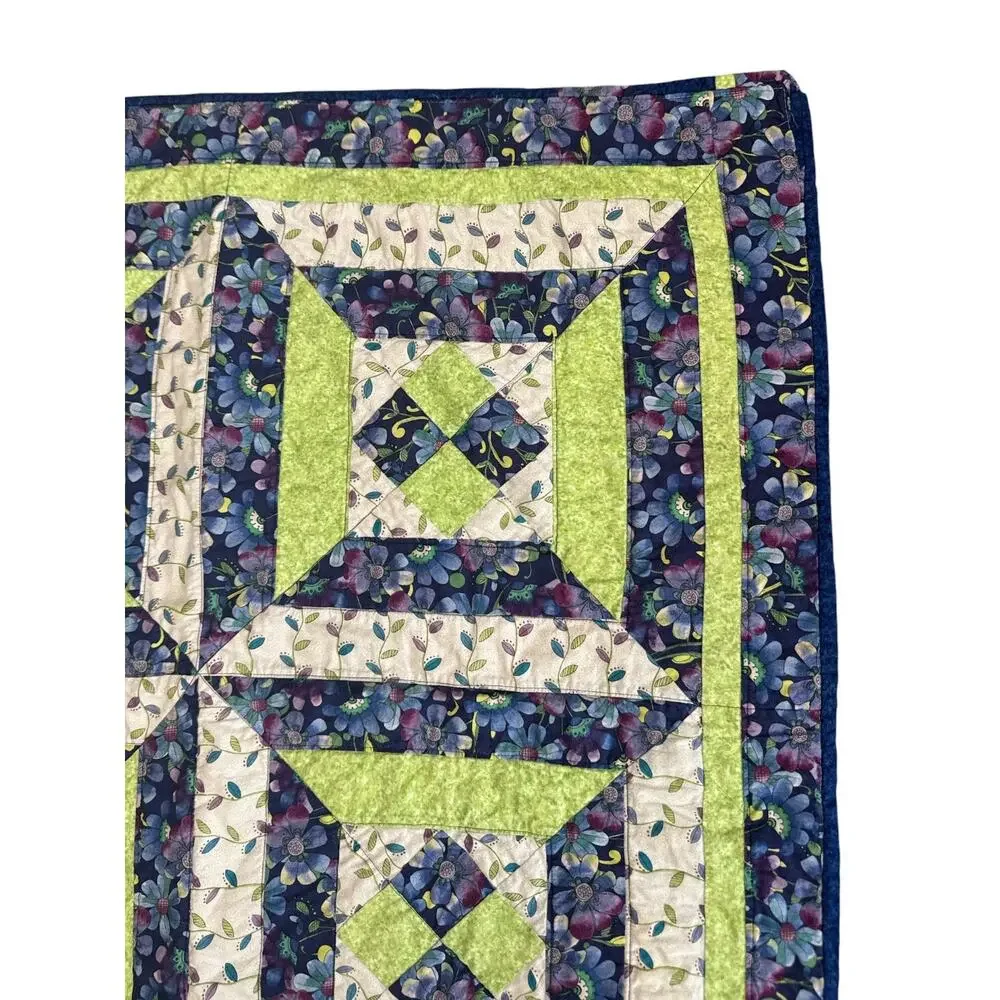 Vintage Hand Made Blue Green Geometric Baby Quilt 31”x31”